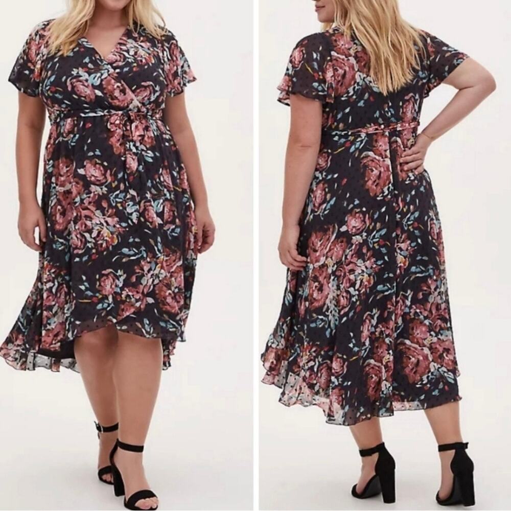 Torrid Swiss Dot Floral Faux Wrap Hi-Low Dress Size 1 1X 14 16 Romantic Boho